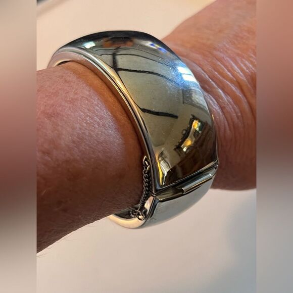 Vintage Silver Hinged Bangle Bracelet silver tone with chain chunky classic - Picture 11 of 12